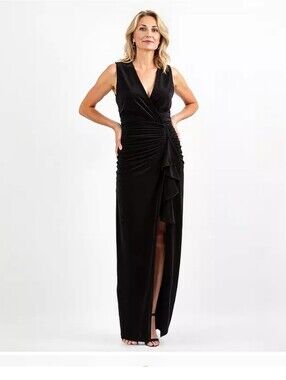 Sleeveless Black Velvet Front Black Maxi Dress with Ruched Side and Front Slit